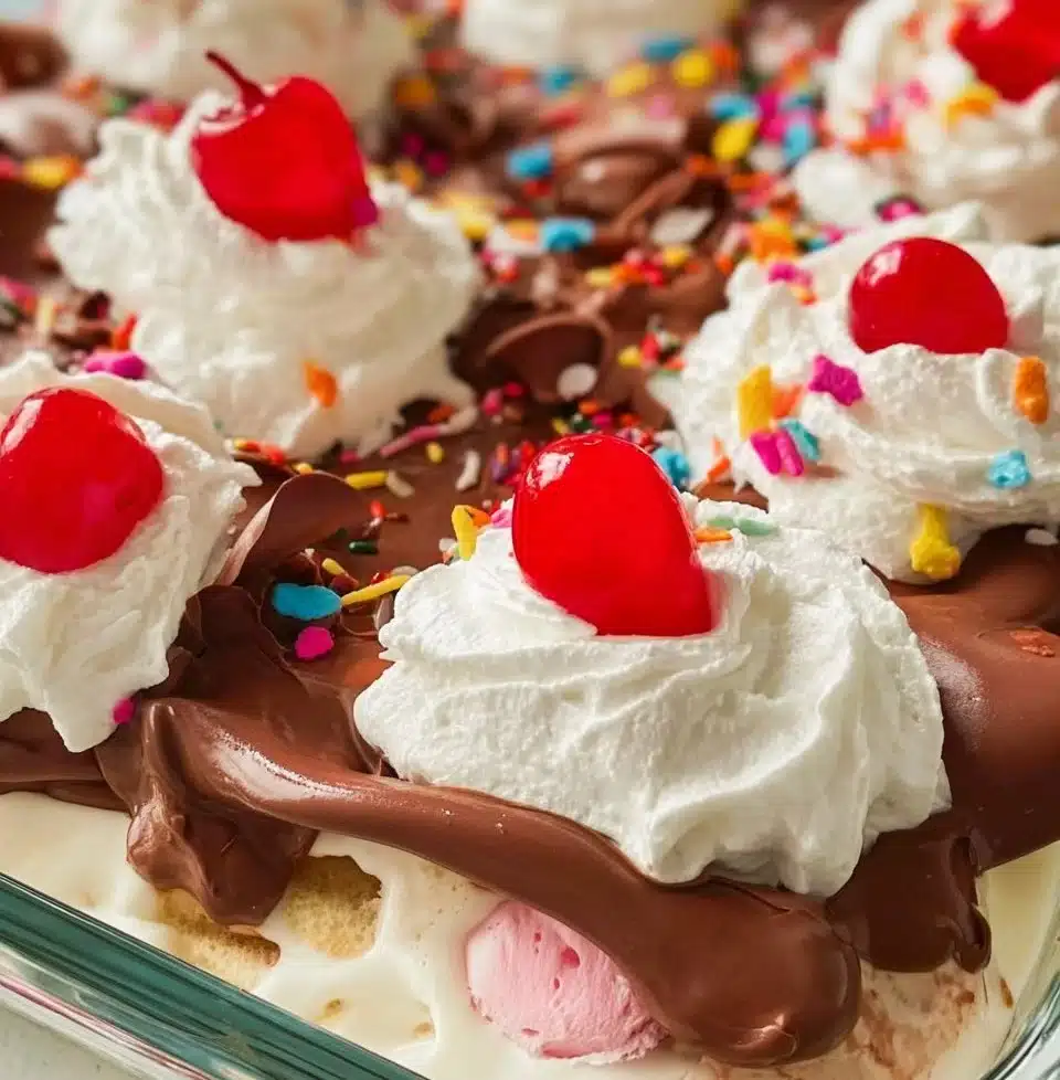 Delicious ice cream sundae squares with toppings and colorful sprinkles