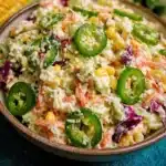 Bowl of vibrant jalapeno corn coleslaw with fresh ingredients