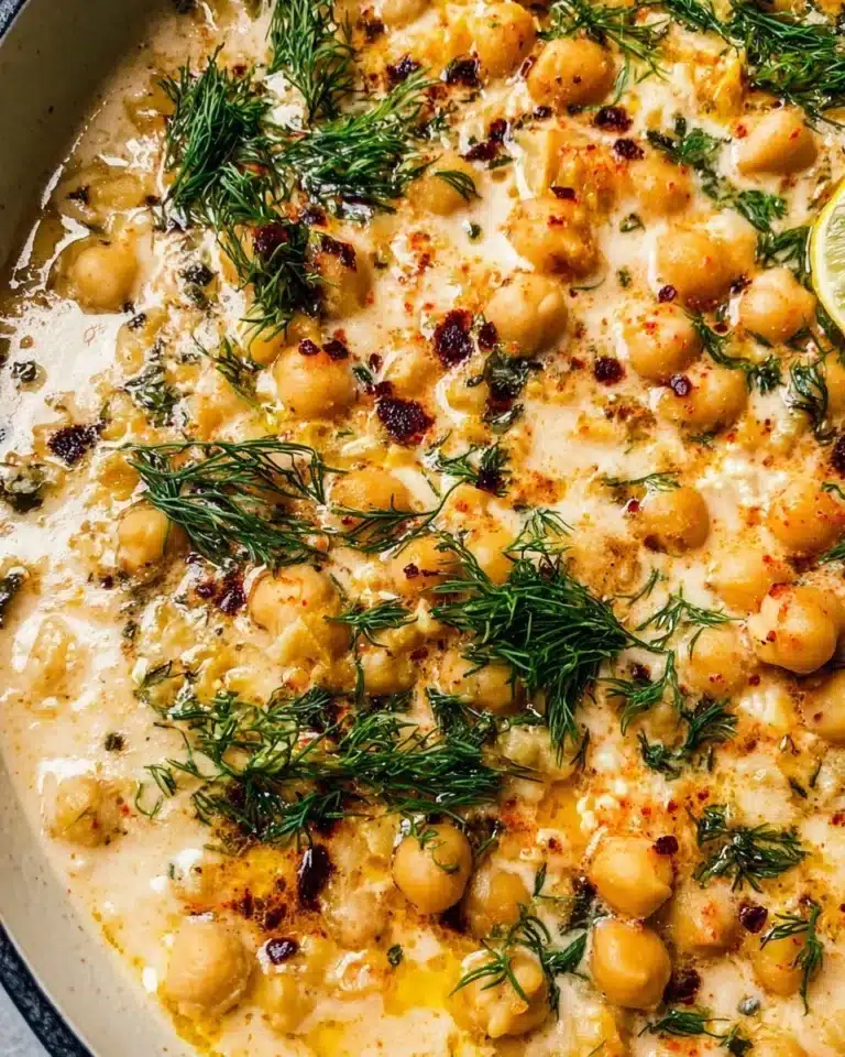 Bowl of delicious Lemon Chickpea Stew garnished with fresh herbs.