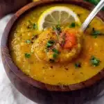A bowl of vibrant Lemon Lentil Soup garnished with fresh herbs and lemon slices.
