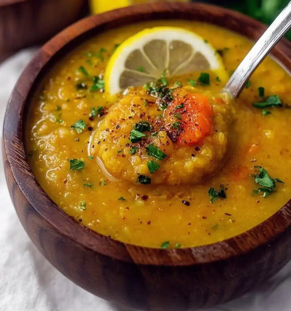 A bowl of vibrant Lemon Lentil Soup garnished with fresh herbs and lemon slices.