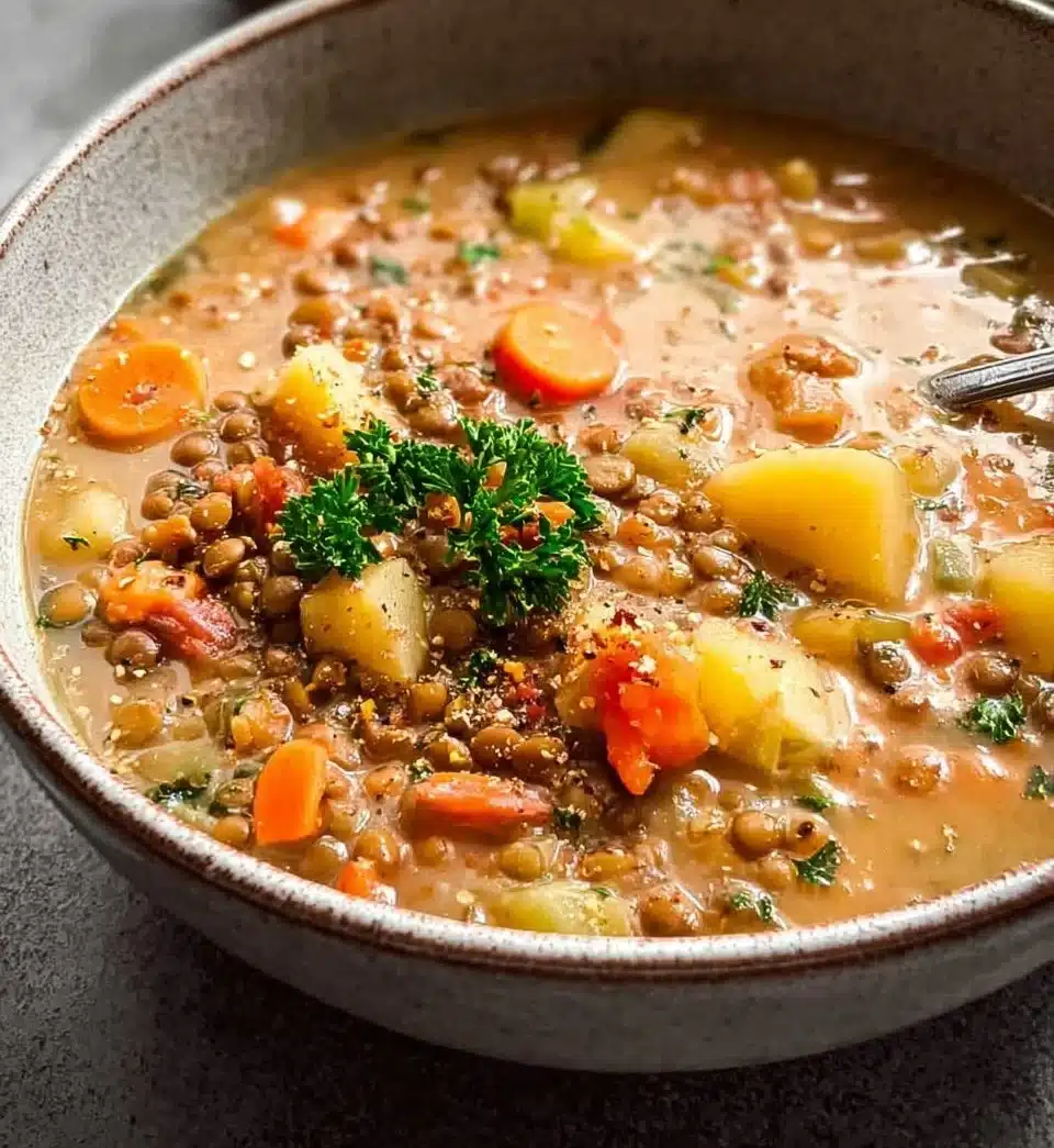 A bowl of hearty lentil soup garnished with fresh herbs