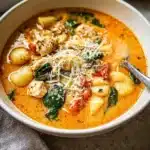 Bowl of Marry Me Chicken Soup garnished with herbs and spices, comfort food delight.