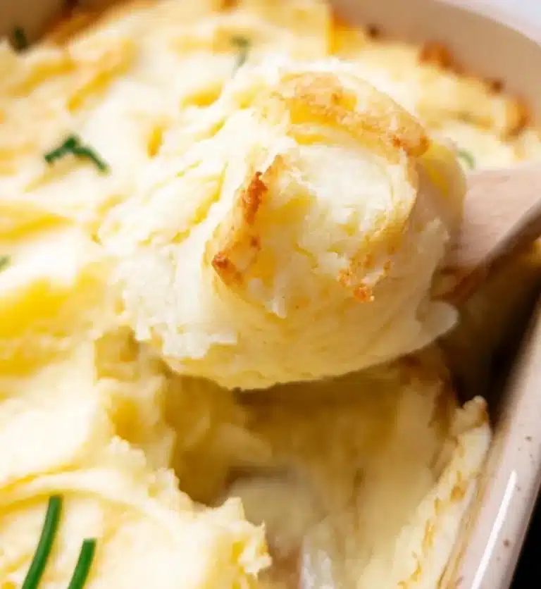 Creamy mashed potatoes served with gravy in a white bowl