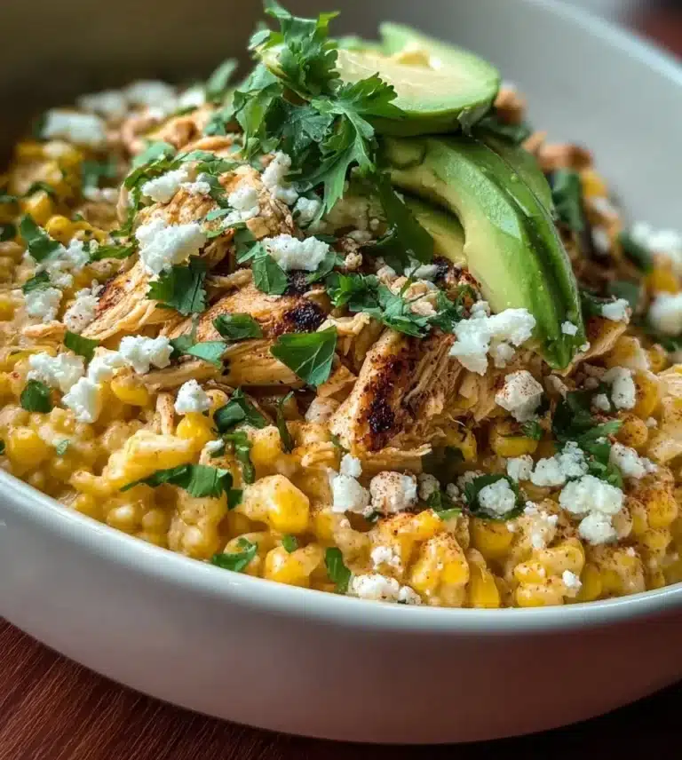 Mexican street corn chicken bowl with fresh ingredients and vibrant toppings