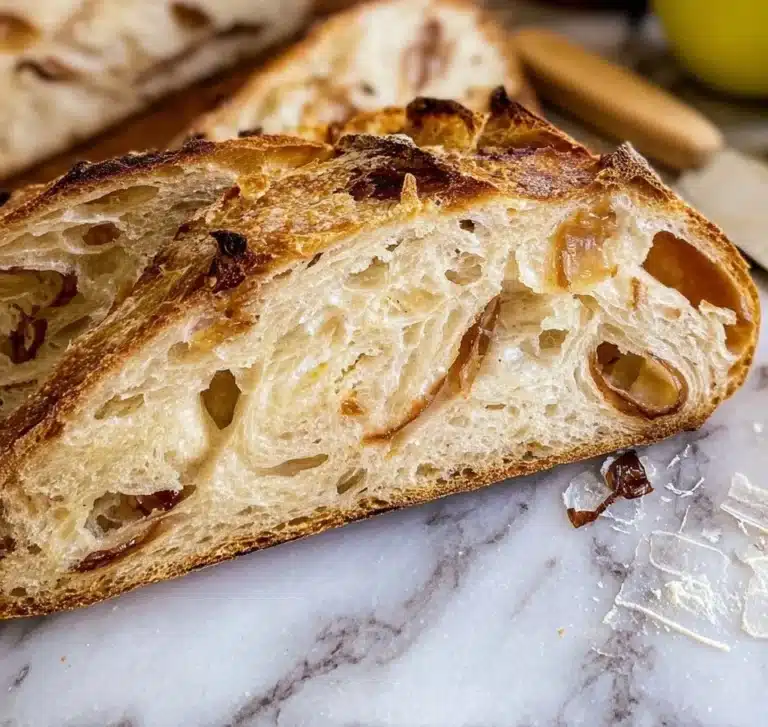 Loaf of Onion Gouda Sourdough Bread with rich flavors and golden crust