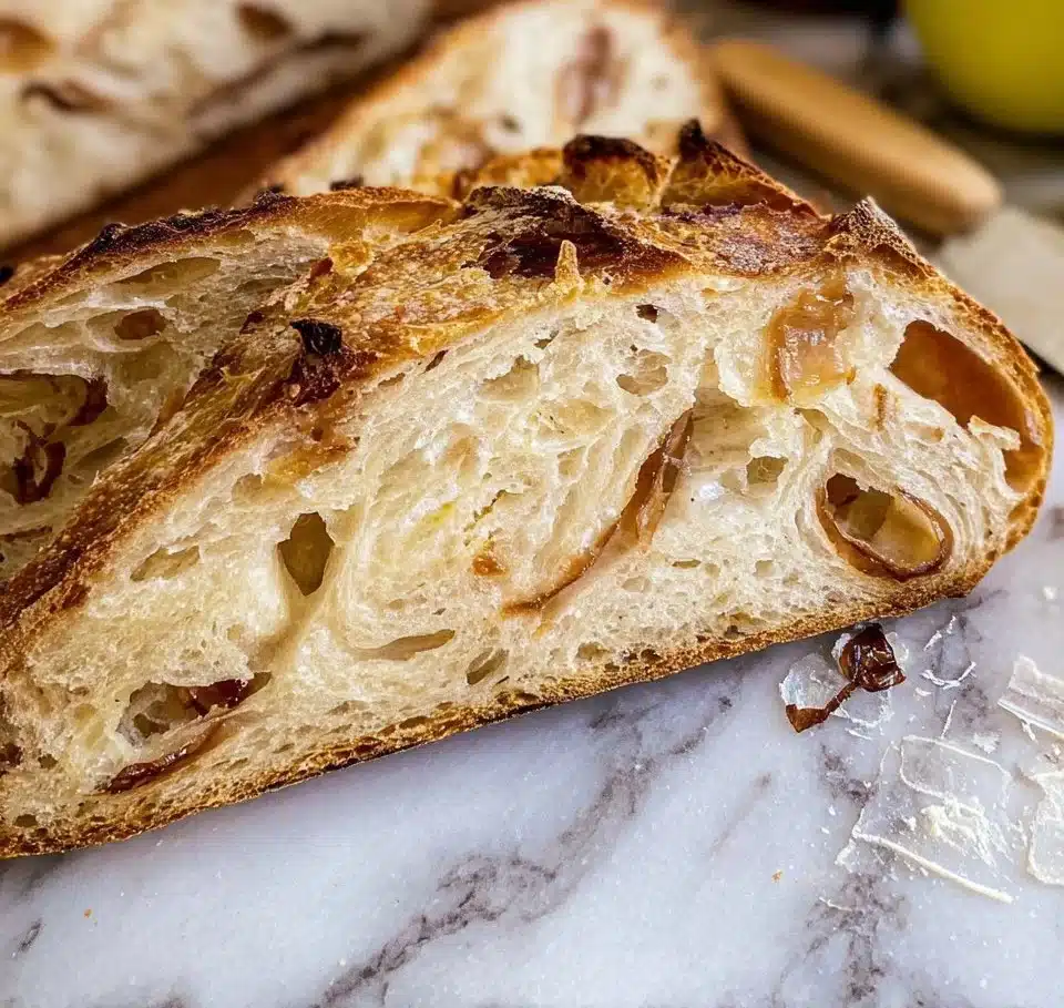 Loaf of Onion Gouda Sourdough Bread with rich flavors and golden crust