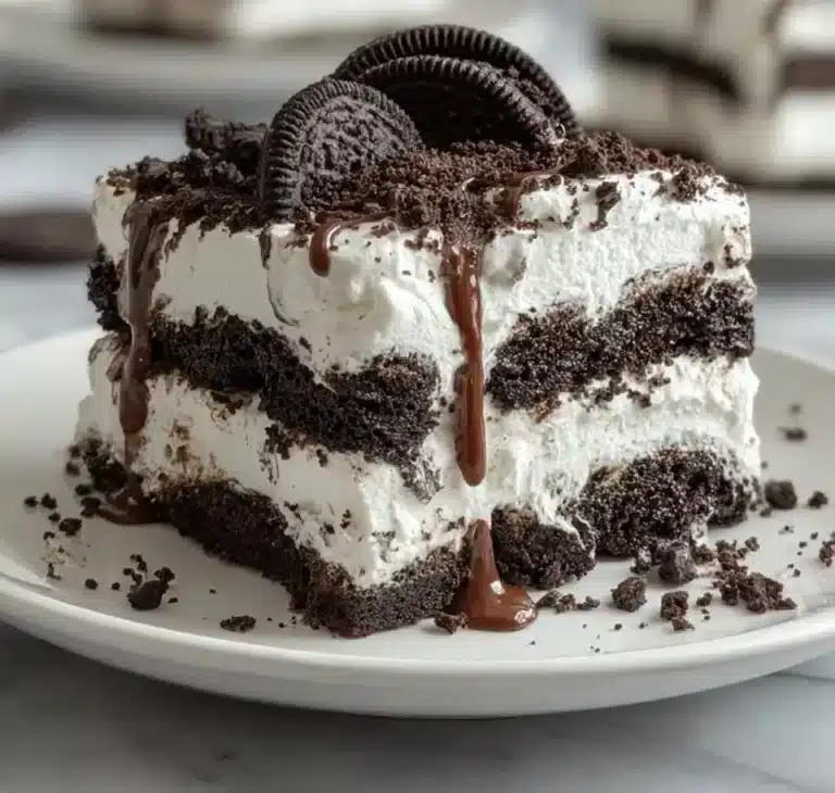 Deliciously layered Oreo Icebox Cake with cookies and cream filling