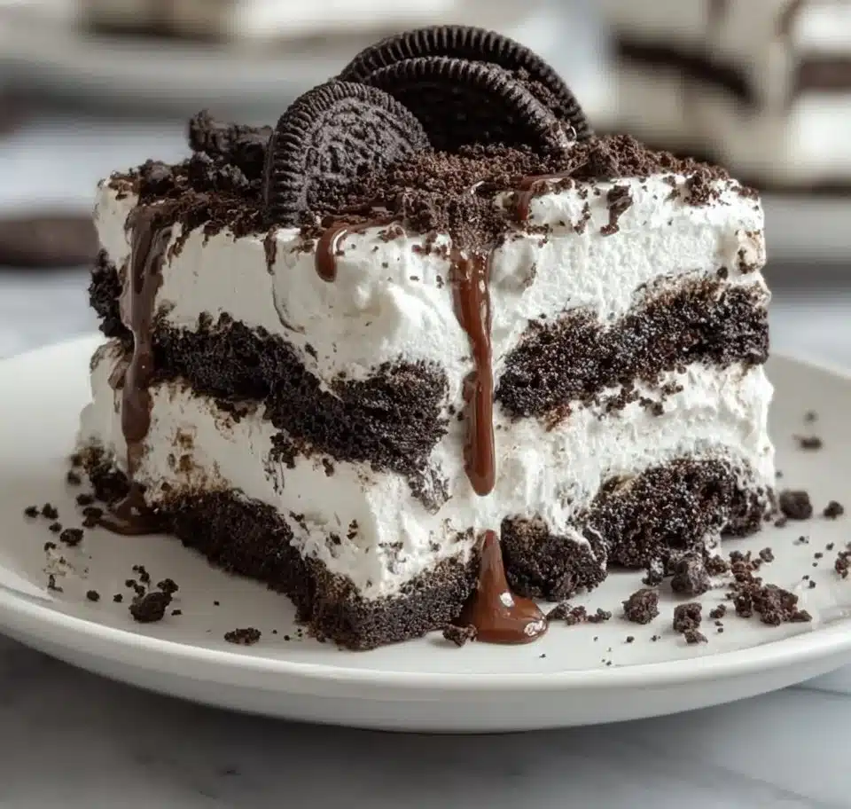 Deliciously layered Oreo Icebox Cake with cookies and cream filling
