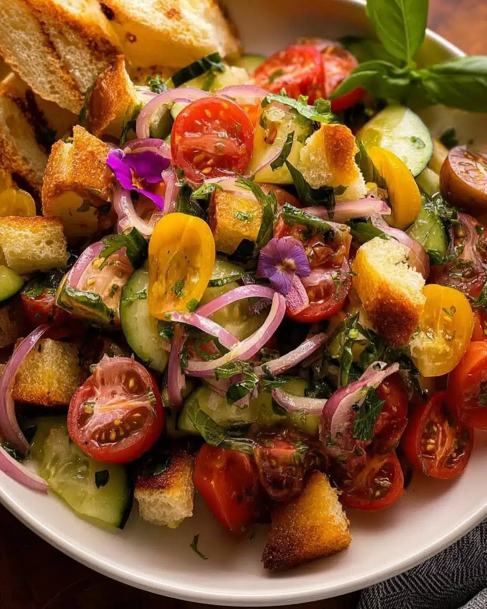 A vibrant bowl of Panzaenalla Salad with fresh ingredients and colorful toppings.