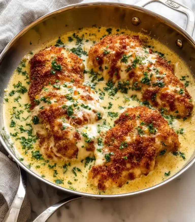 Delicious Parmesan Chicken served with herbs and a golden crust.