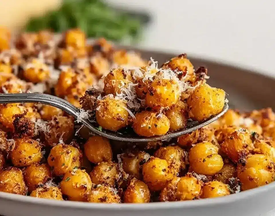 Bowl of crispy Parmesan Chickpeas garnished with herbs