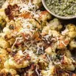 Baked Parmesan Pesto Cauliflower with fresh herbs and cheese topping