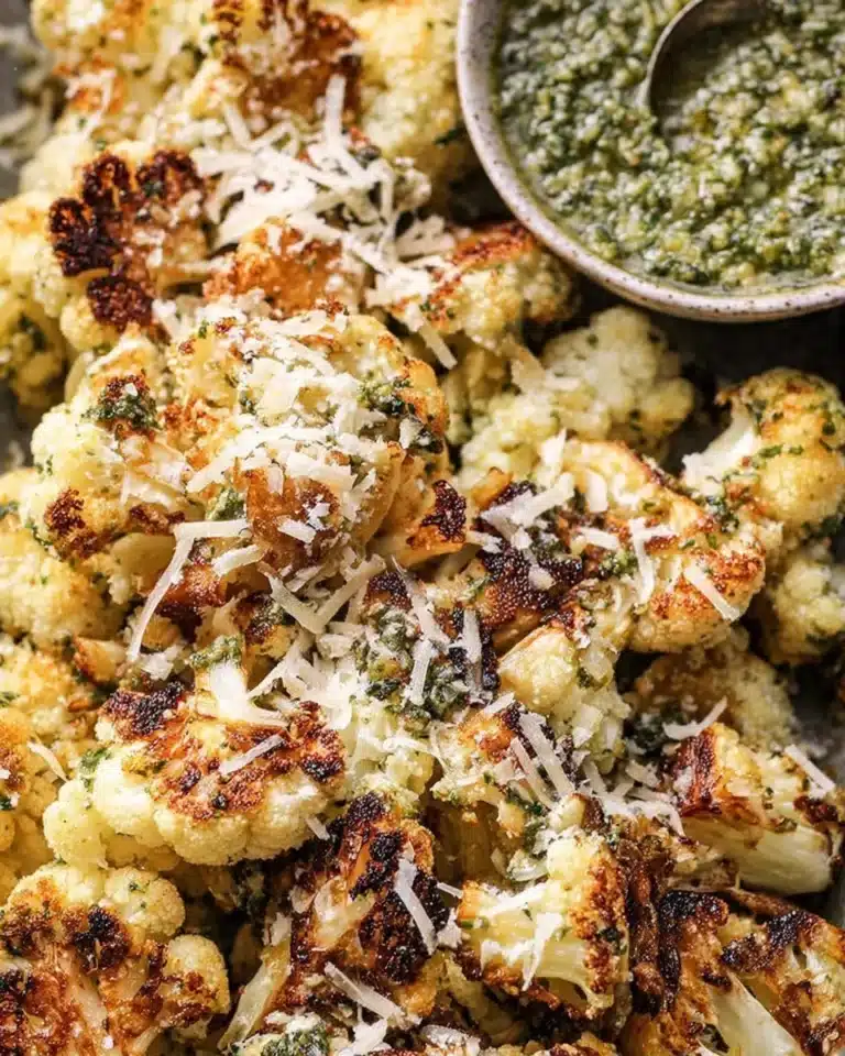 Baked Parmesan Pesto Cauliflower with fresh herbs and cheese topping