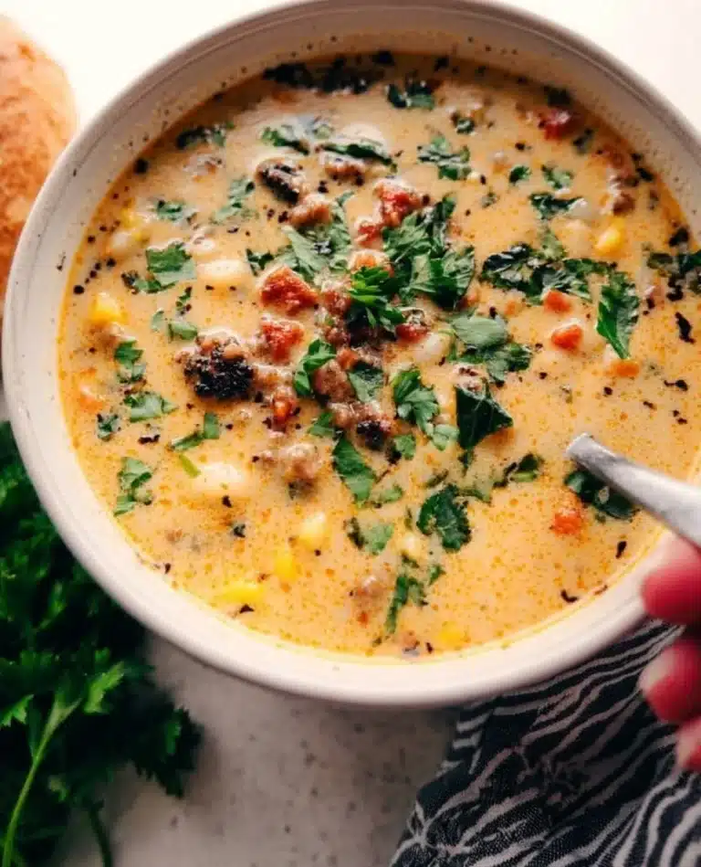 Bowl of creamy Parmesan Sausage Soup garnished with herbs.
