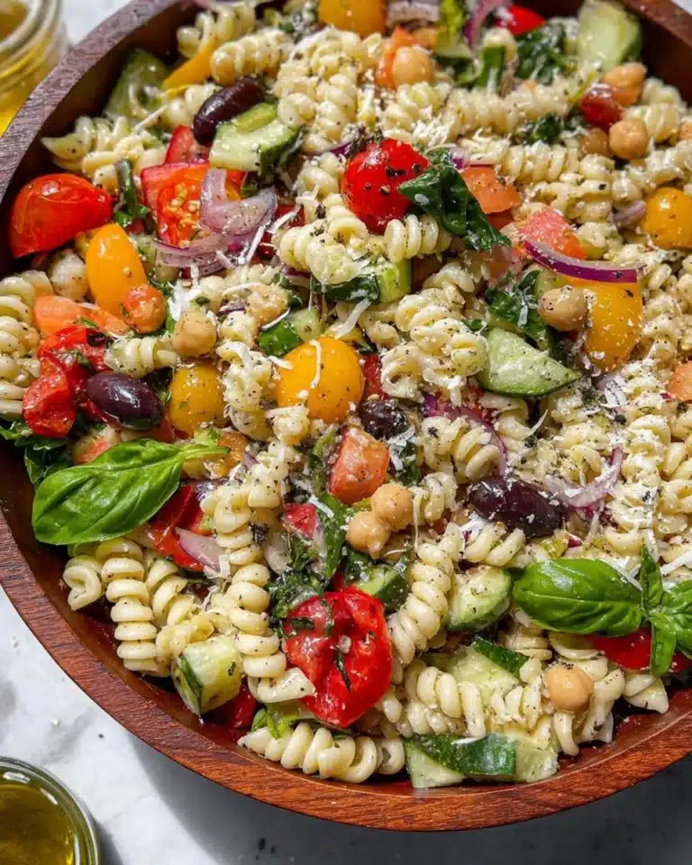 Colorful pasta salad loaded with vegetables and fresh dressing
