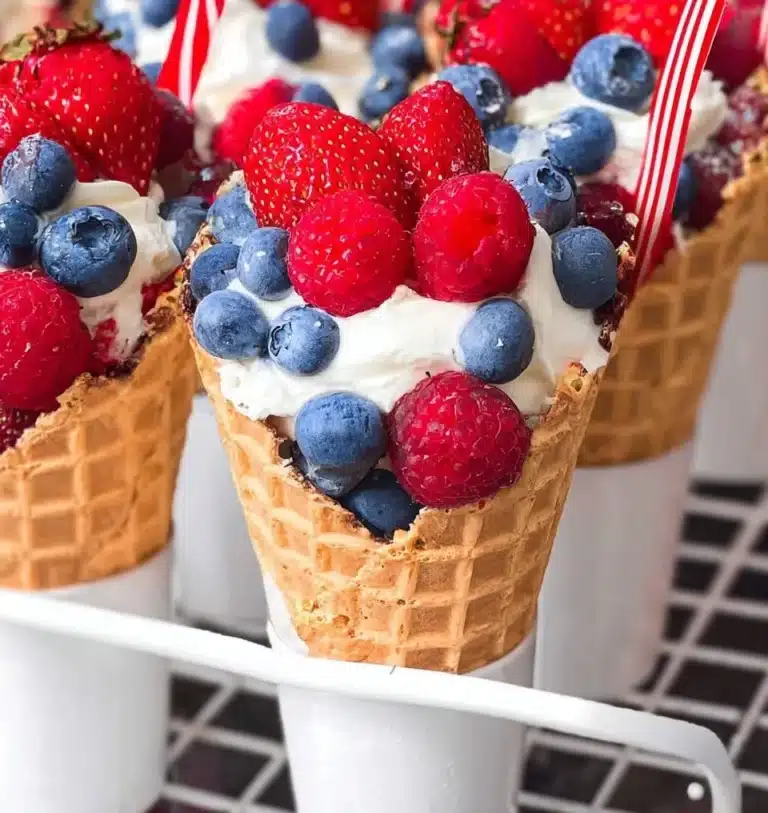 Colorful Patriotic Fruit Cones filled with fresh fruits for a festive celebration