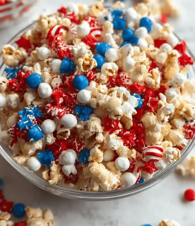 A colorful patriotic popcorn mix with red, white, and blue treats for festive celebrations.