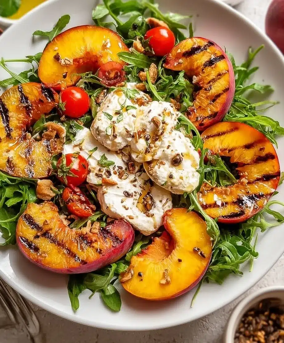 Delicious Peach Burrata Salad with fresh peaches, creamy burrata, and greens