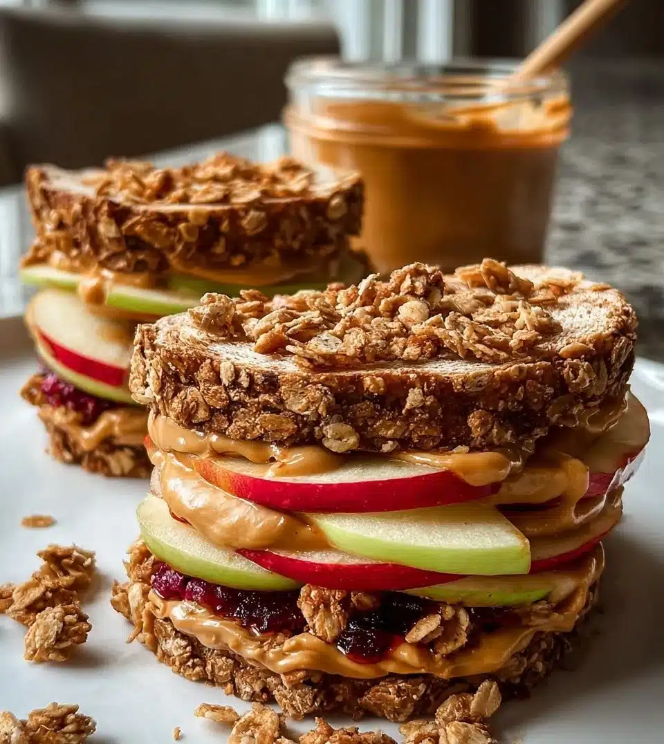 Delicious Peanut Butter Apple Sandwiches with fresh apple slices and creamy peanut butter.