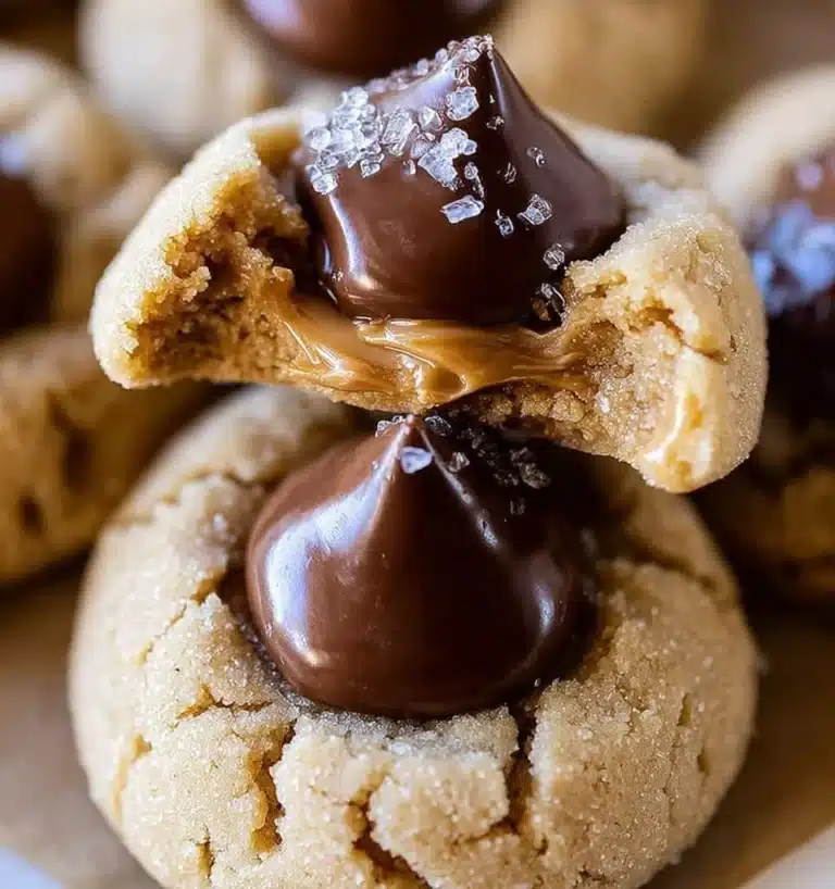 Plate of freshly baked Peanut Butter Blossoms cookies with chocolate kisses on top