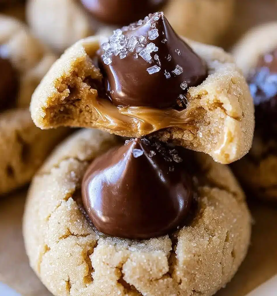 Plate of freshly baked Peanut Butter Blossoms cookies with chocolate kisses on top