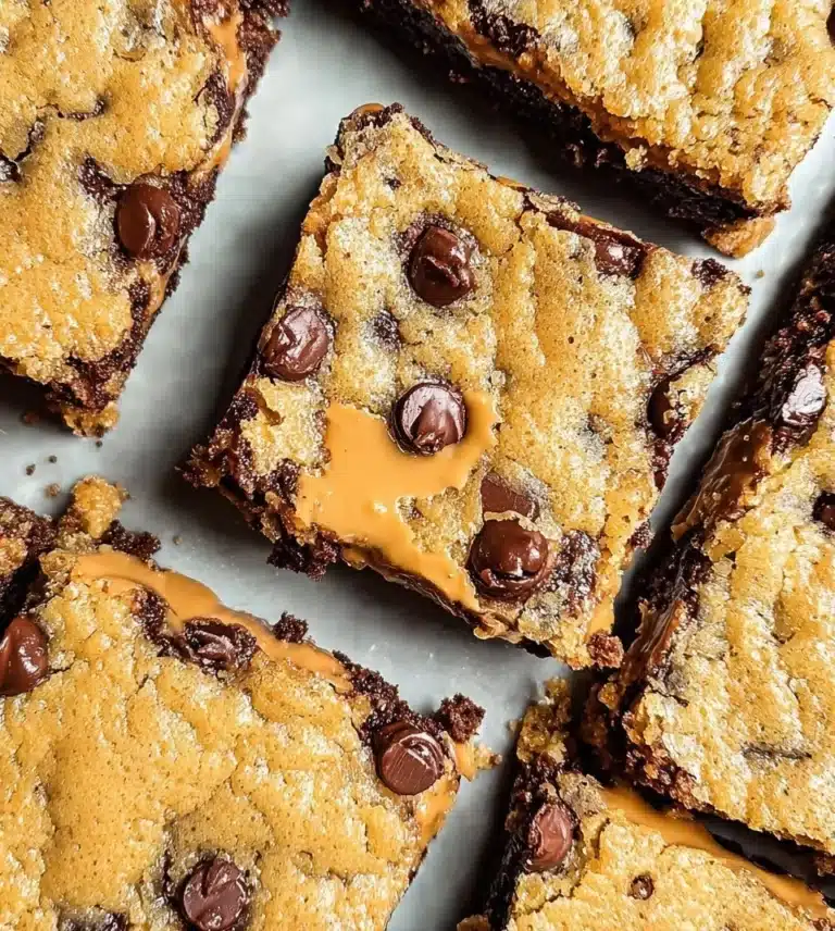 Peanut Butter Chocolate Chip Bars ready to eat, featuring chocolate chips and creamy peanut butter.