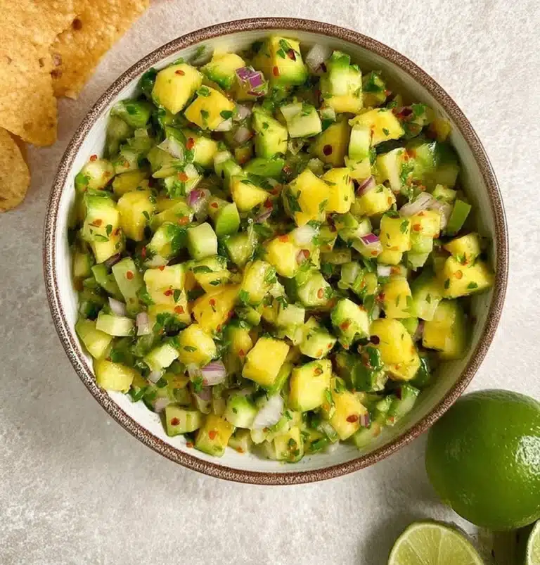 A vibrant bowl of Pineapple Avocado Salsa, showcasing fresh ingredients and colorful presentation.
