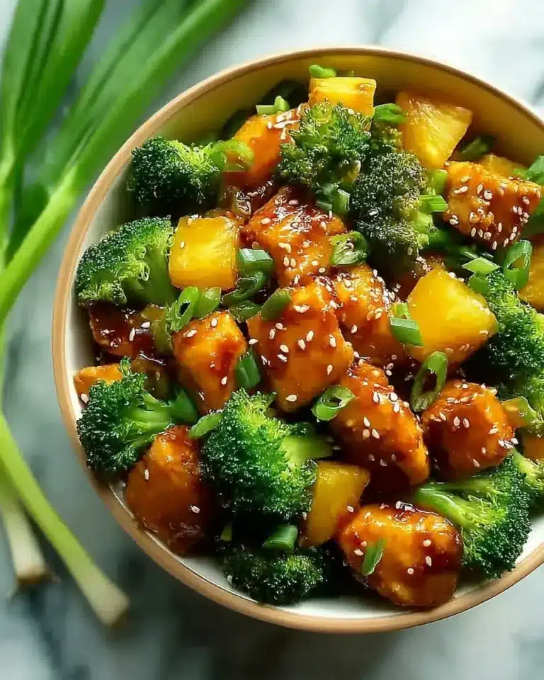 Pineapple Chicken and Broccoli dish served in a bowl, garnished with herbs.