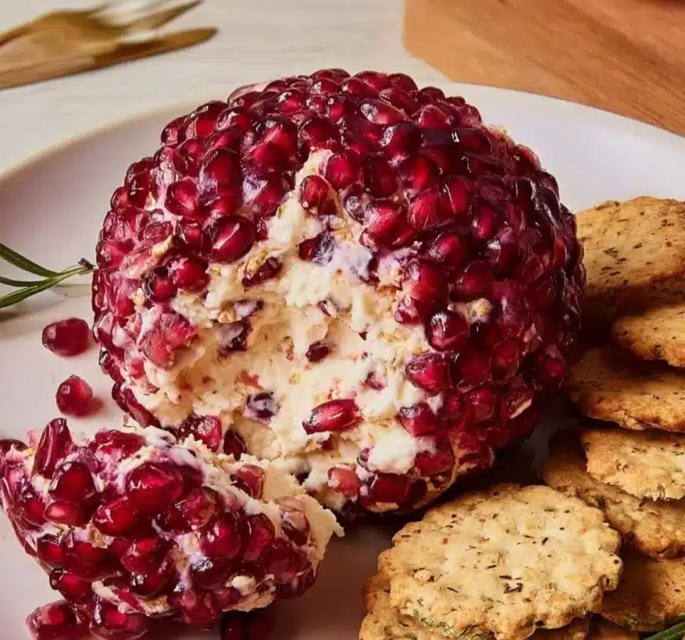 Pomegranate White Cheddar Cheeseball with garnishes on a platter