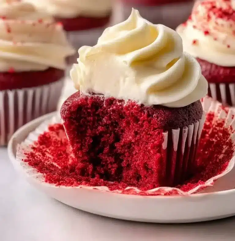 Delicious red velvet cupcakes with cream cheese frosting on a decorative plate.