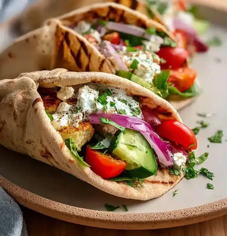 Healthy Salad Pita Pockets filled with fresh vegetables and dressing.