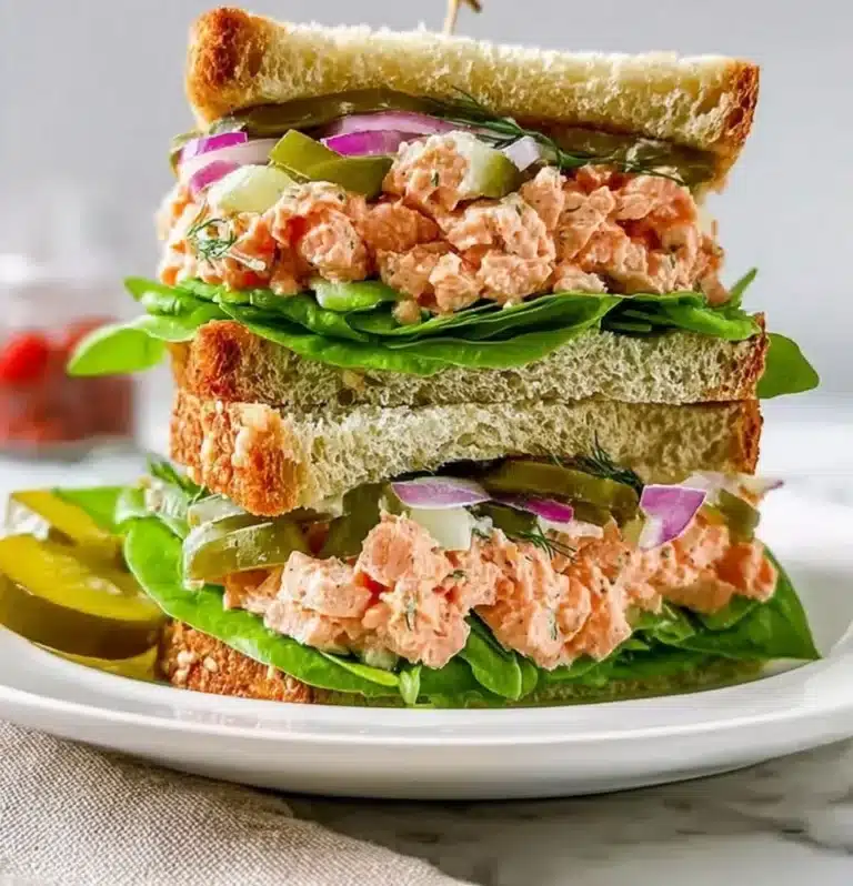 Freshly made Salmon Salad Sandwich with greens and bread