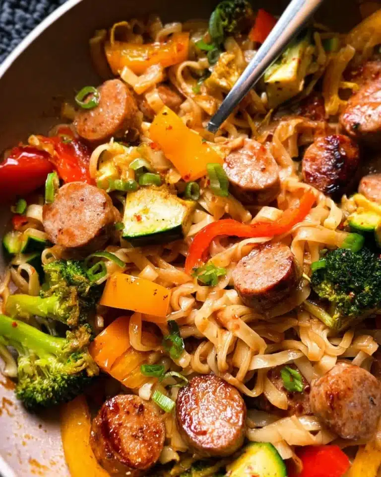 Delicious sausage stir fry with colorful vegetables in a skillet