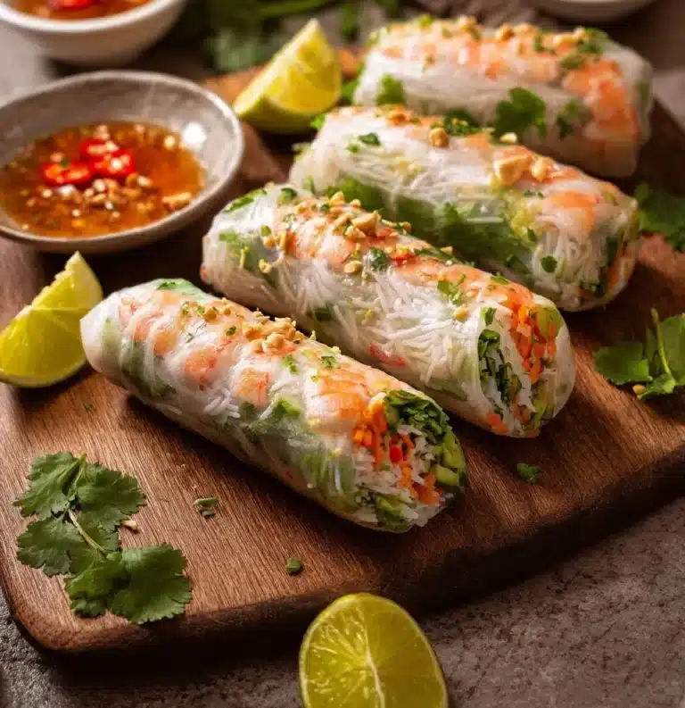 Fresh shrimp spring rolls with colorful vegetables and dipping sauce