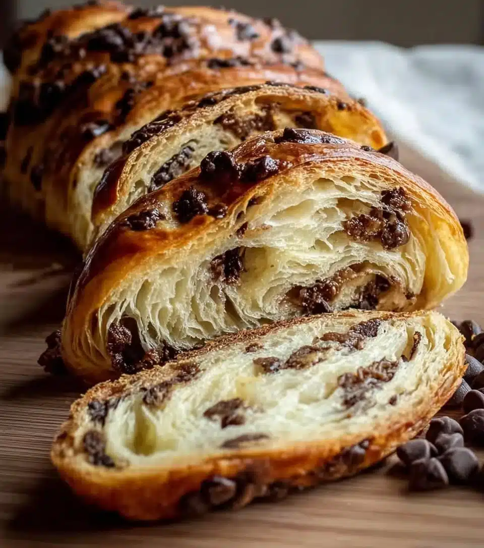 Sourdough chocolate chip croissant bread bites on a rustic wooden table.