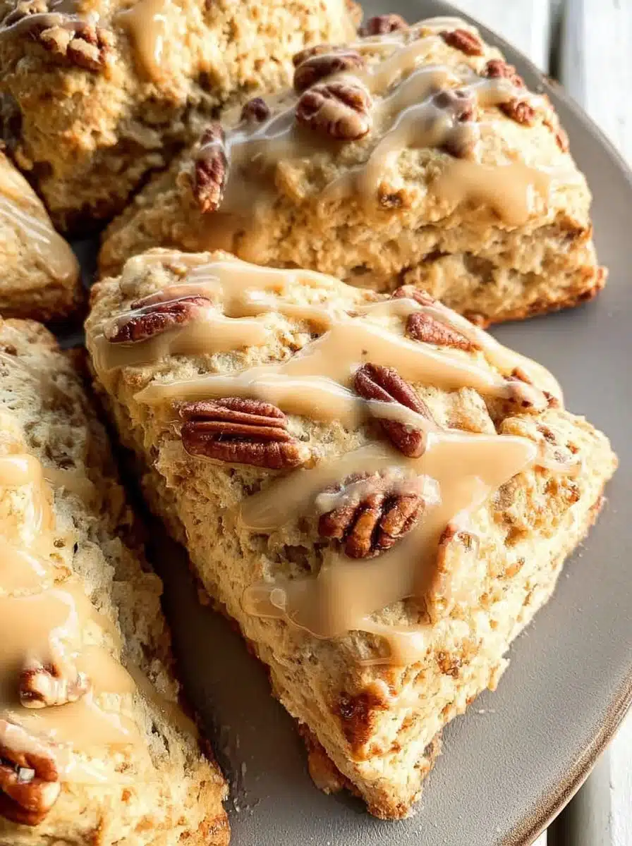 Freshly baked sourdough maple scones on a wooden table