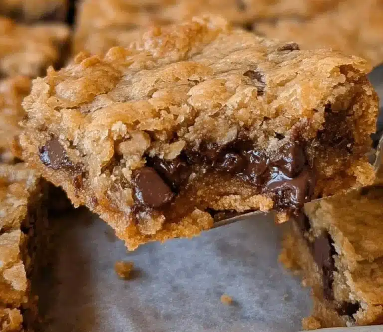 Delicious sourdough oatmeal chocolate chip cookie bars on a plate