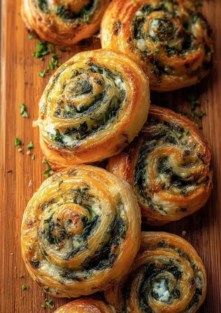 Delicious Spanakopita puff pastry swirls filled with spinach and feta cheese