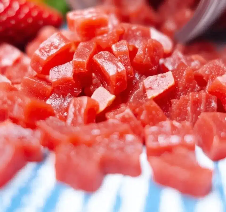 Delicious strawberry gummies in a colorful candy bowl