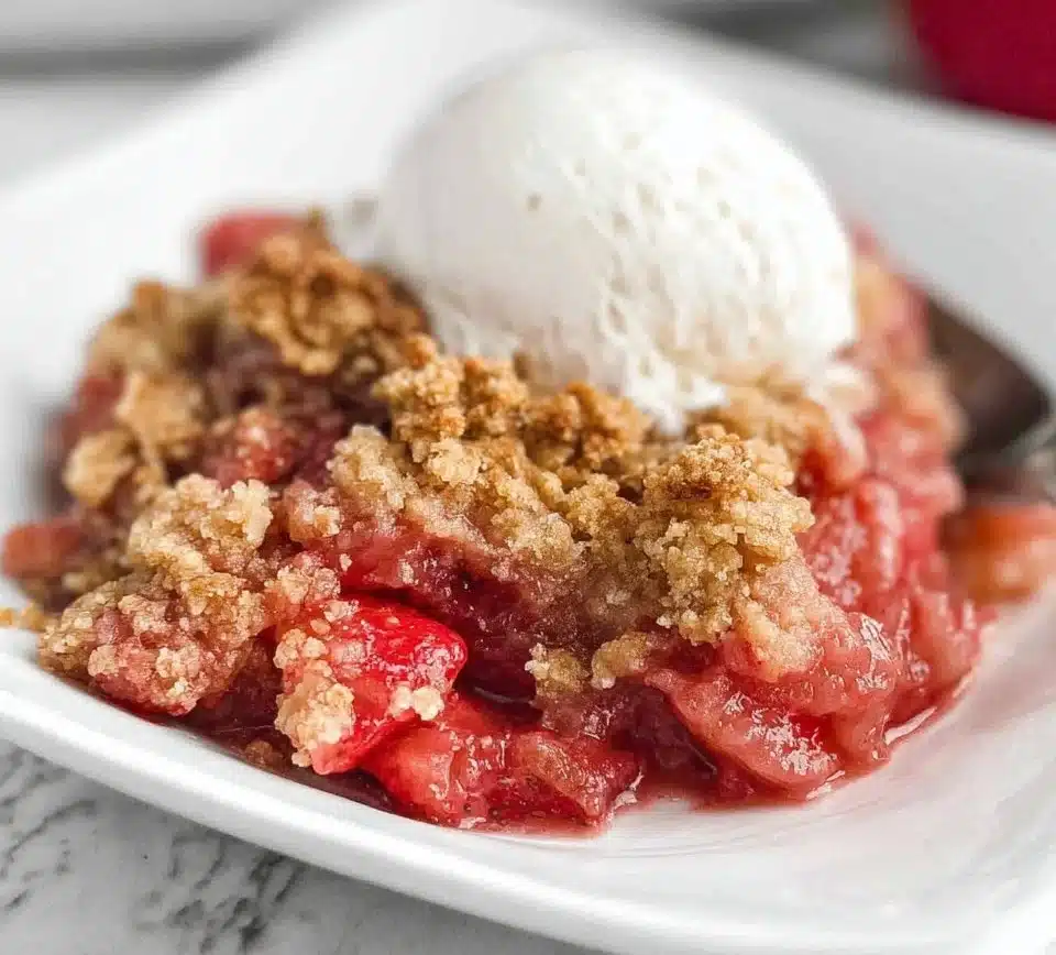 Delicious strawberry rhubarb crisp with a golden crumble topping