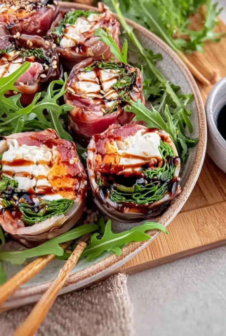 A colorful variety of sushi appetizers served on a wooden platter