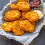 Plate of tasty Sweet Potato Chicken Poppers served with dipping sauce