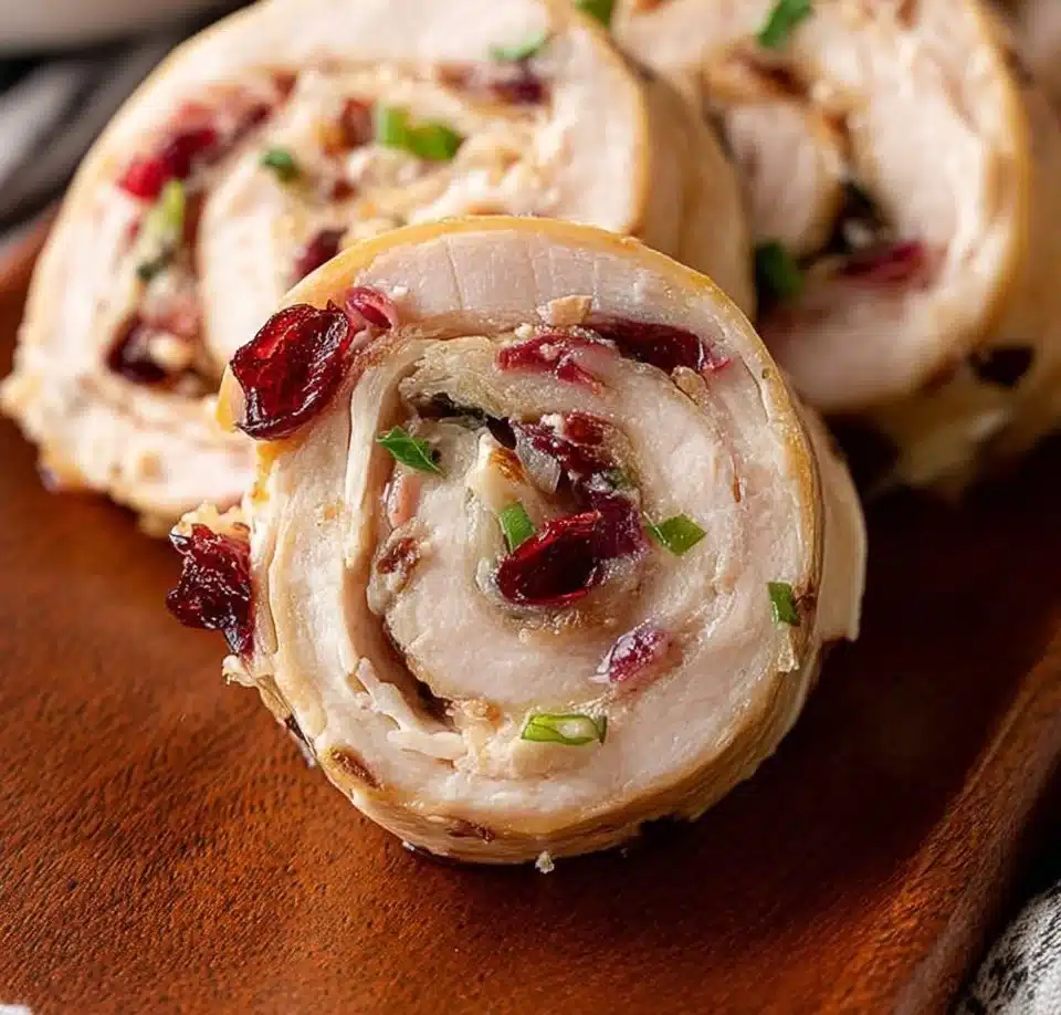 Turkey Cranberry Pinwheels appetizer on a platter