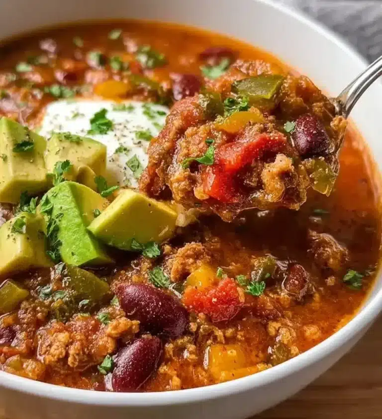 Delicious bowl of Turkey Vegetable Chili topped with fresh herbs.