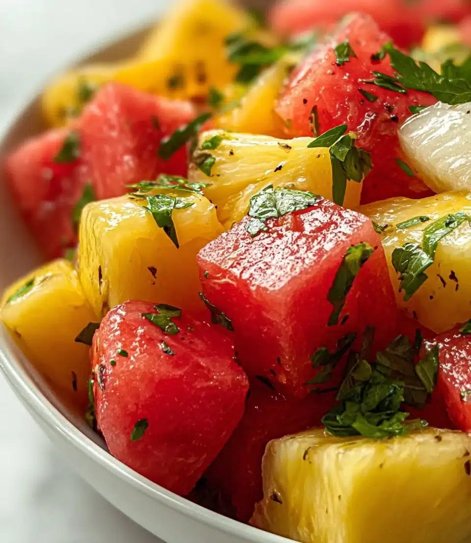 Bowl of watermelon and pineapple fruit salad, a refreshing summer dish