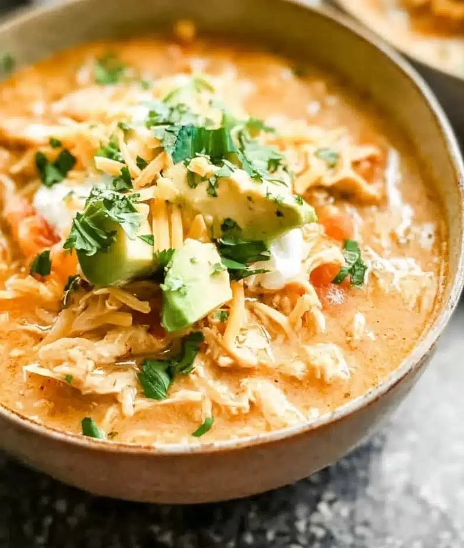 Bowl of creamy white chicken chili topped with cilantro and avocado