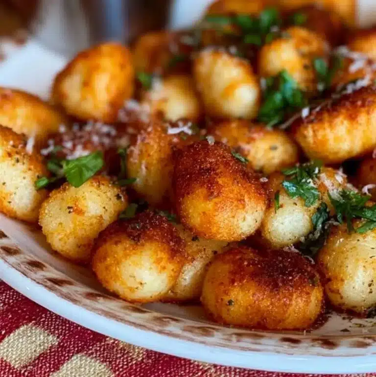 Crispy air fryer gnocchi served with sauce and herbs