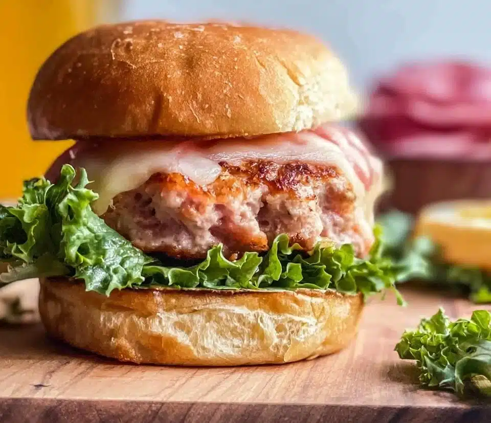 Delicious apple turkey burgers served on a plate with fresh ingredients.