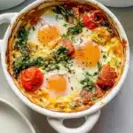 Delicious baked feta eggs served in a skillet with herbs and tomatoes.